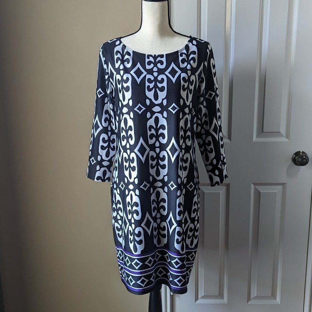 Tiana B Large black white pattern boat neck 3/4 sleeve dress